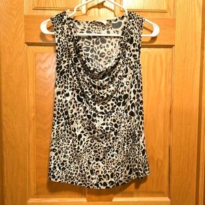 Calvin Klein Black, Cream And White Ruched Leopard Print Tank Blouse